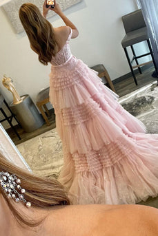 Schulterfreies A-Linie Hellrosa Langes Ballkleid im Prinzessin-Stil mit Rüschen