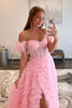 Laden Sie das Bild in den Galerie-Viewer, Schulterfreies Rosa A-Linie Langes Ballkleid im Prinzessin-Stil mit Schlitz