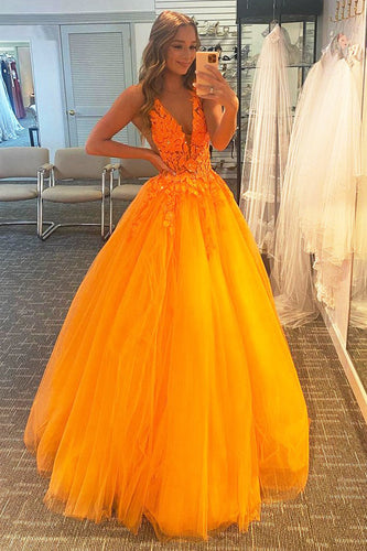 Orange A-Linie V-Ausschnitt Ballkleid mit Applikationen