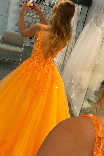 Orange A-Linie V-Ausschnitt Ballkleid mit Applikationen