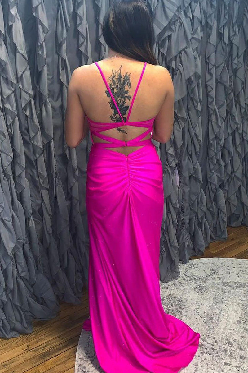 Laden Sie das Bild in den Galerie-Viewer, Spaghettiträger Heißes Rosa Korsett Abendkleid mit Schlitz