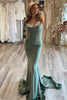 Laden Sie das Bild in den Galerie-Viewer, Grün Spaghetti Straps Satin Backless Mermaid Prom Dress