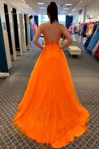 Orange V-Ausschnitt A-Linien Tüll Abendkleid mit Spitze