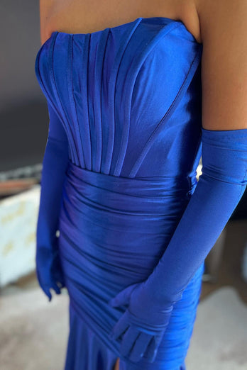 Königsblaue Meerjungfrau Trägerlose Korsett Abendkleid mit Schlitz