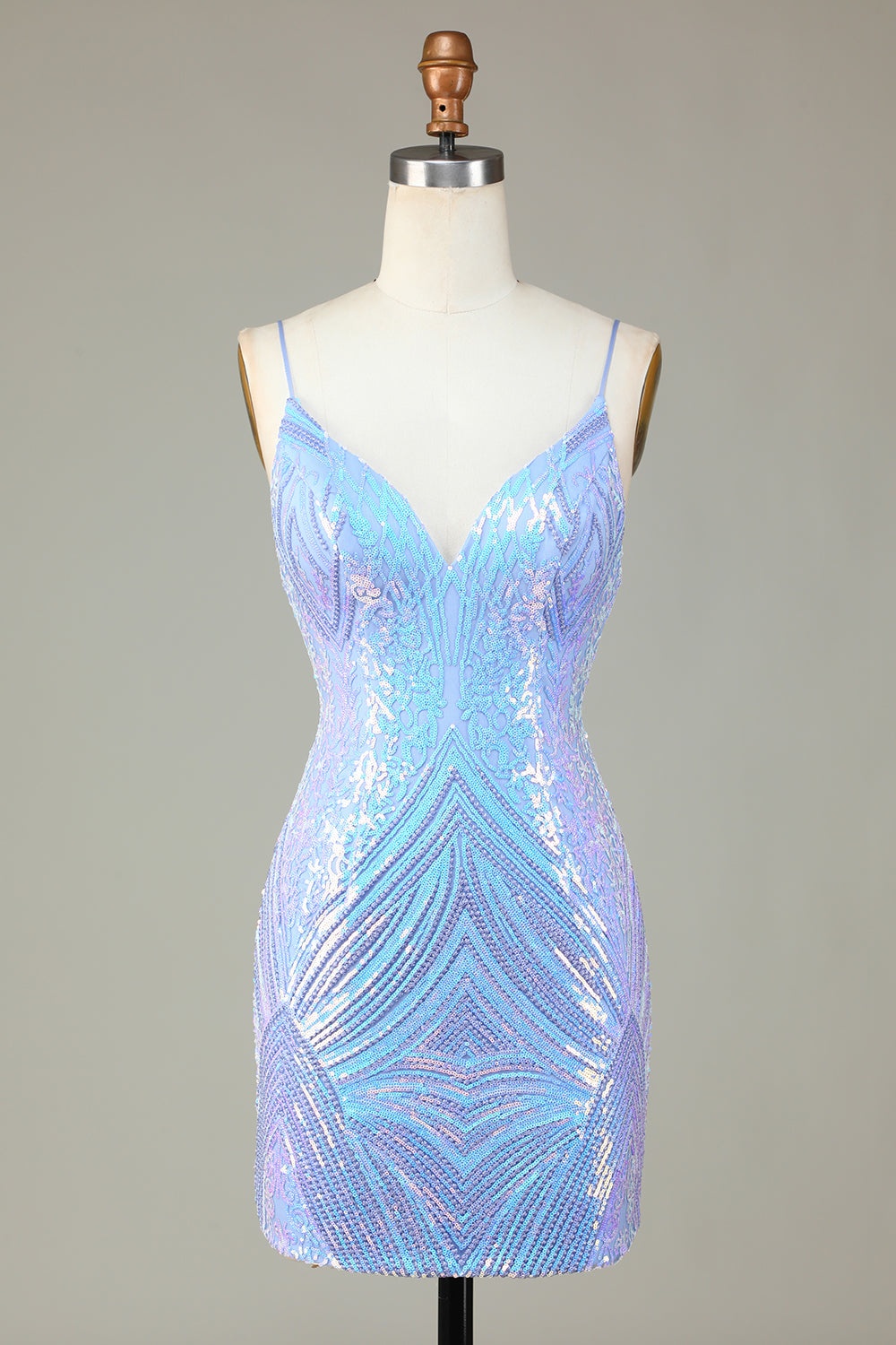 Glitzernde Scheide Spaghettiträger Blaue Pailletten Kurzes Cocktailkleid mit rückenfreiem Rücken