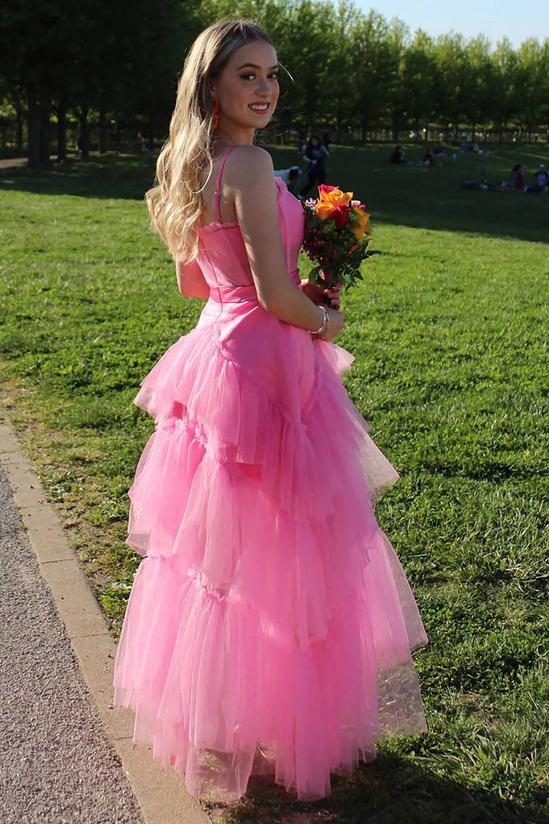 Laden Sie das Bild in den Galerie-Viewer, Rosa Spaghettiträger gestuftes Korsett Tüll Abendkleid