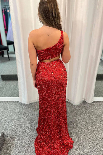 Glitzerndes Rotes Ein-Schulter Abendkleid mit Schlitz