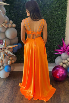 Orangenes A-Linie Spaghettiträger Satin Lange Abendkleid