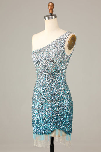 Glitzerndes Blau Einschulter Pailletten Kurzes Cocktailkleid mit Quaste