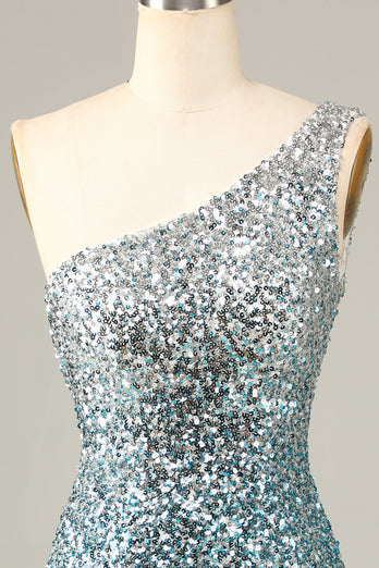 Glitzerndes Blau Einschulter Pailletten Kurzes Cocktailkleid mit Quaste