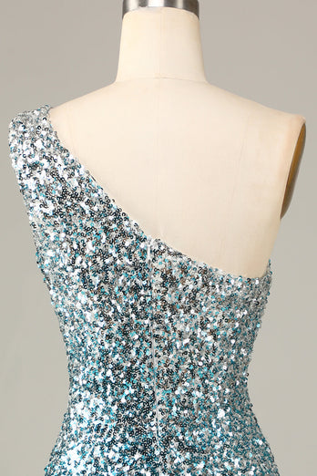 Glitzerndes Blau Einschulter Pailletten Kurzes Cocktailkleid mit Quaste