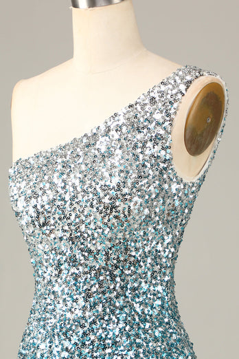 Glitzerndes Blau Einschulter Pailletten Kurzes Cocktailkleid mit Quaste