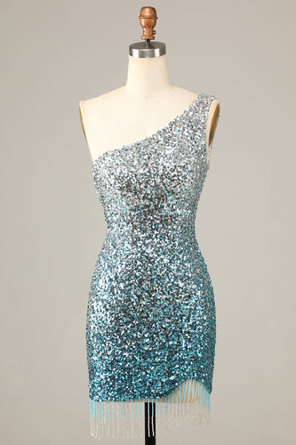 Glitzerndes Blau Einschulter Pailletten Kurzes Cocktailkleid mit Quaste