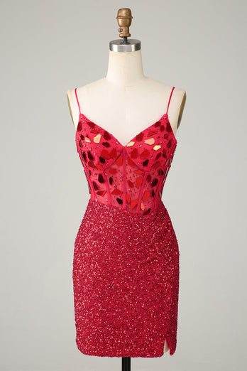 Glitzerndes rotes Korsett Pailletten Spiegel Enges Cocktailkleid