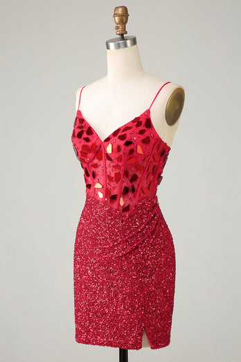 Glitzerndes rotes Korsett Pailletten Spiegel Enges Cocktailkleid