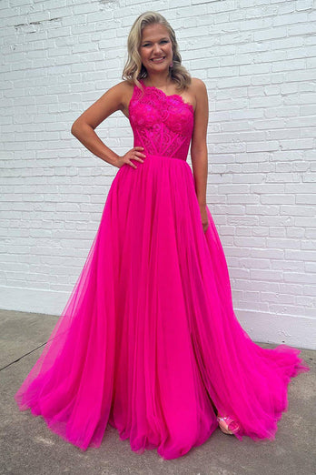 A-Linien Eine-Schulter Fuchsia Tüll Abendkleid mit Spitze