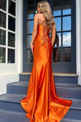 Orange Meerjungfrau Korsett Abendkleid mit Rüschen und Schlitz