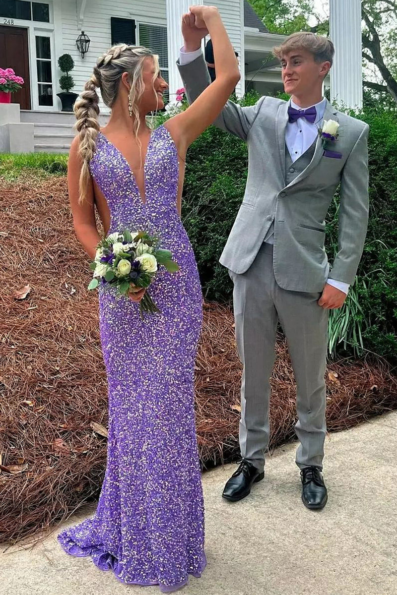 Laden Sie das Bild in den Galerie-Viewer, Funkelndes Lila Meerjungfrau-Lange Abendkleid mit Pailletten