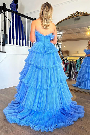 Blau Schulterfreies langes Gerüschtes Abendkleid