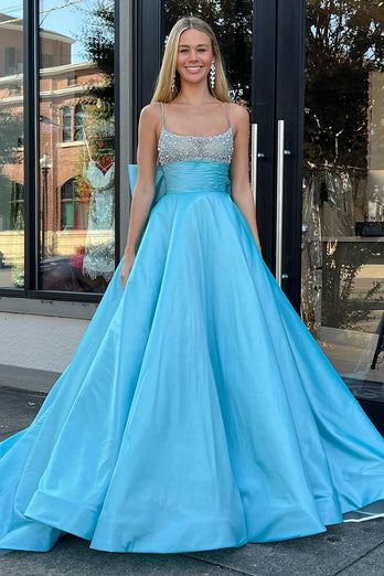 Blaues A-Linie Satin Perlen Abendkleid mit Schleife