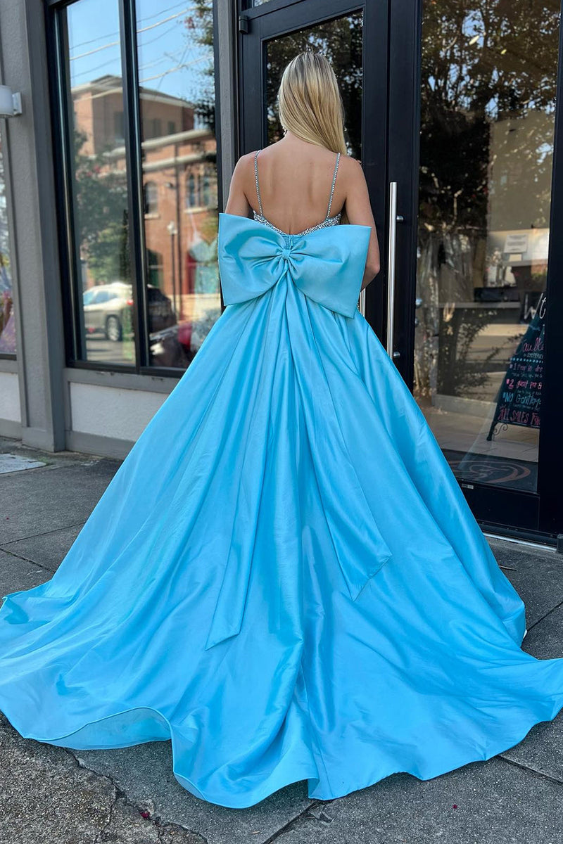 Laden Sie das Bild in den Galerie-Viewer, Blaues A-Linie Satin Perlen Abendkleid mit Schleife