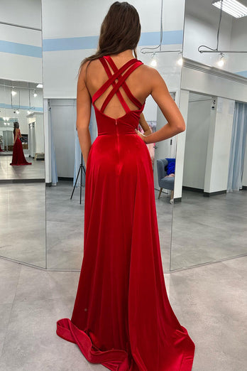 Rotes V-Ausschnitt langes Ballkleid mit Schlitz