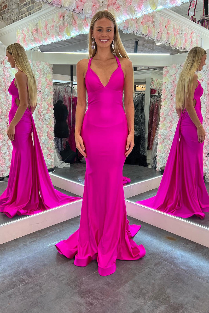 Laden Sie das Bild in den Galerie-Viewer, Meerjungfrau Satin Neckholder Fuchsia langes Abendkleid