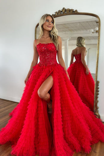 Funkelndes Rotes A-Linie Korsett Lange Abendkleid mit Rüschen und Schlitz