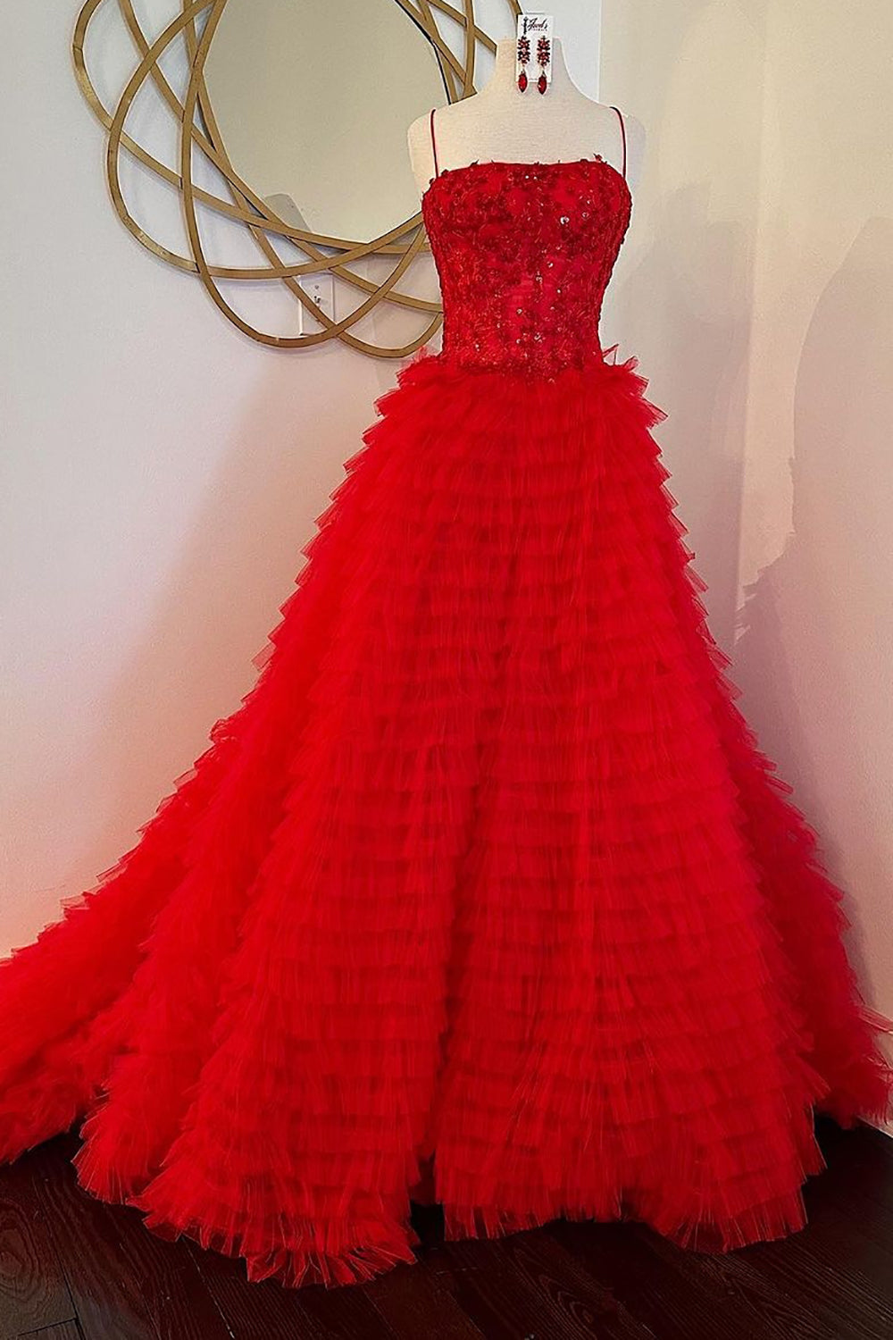 Funkelndes Rotes A-Linie Korsett Lange Abendkleid mit Rüschen und Schlitz