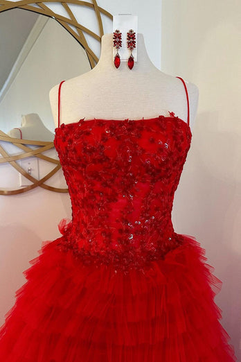 Funkelndes Rotes A-Linie Korsett Lange Abendkleid mit Rüschen und Schlitz