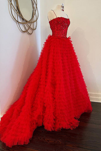 Funkelndes Rotes A-Linie Korsett Lange Abendkleid mit Rüschen und Schlitz