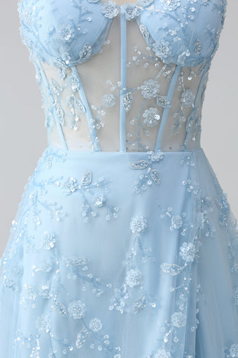 Glitzerndes blaues Spaghettiträger-Pailletten-Korsett-Ballkleid mit Schlitz