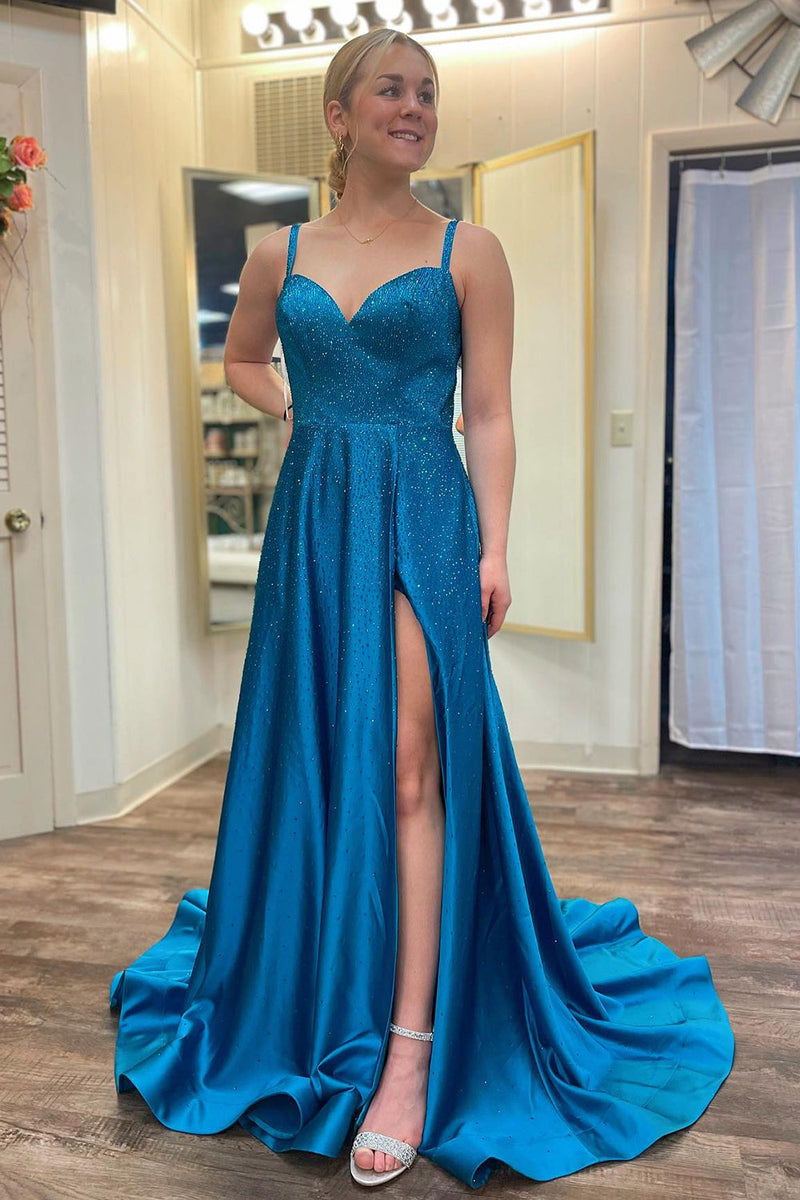 Laden Sie das Bild in den Galerie-Viewer, Langes Blaues Satin Abendkleid mit Perlen und gespaltenem Vorderteil