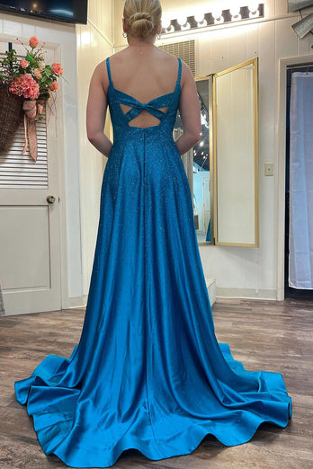 Langes Blaues Satin Abendkleid mit Perlen und gespaltenem Vorderteil