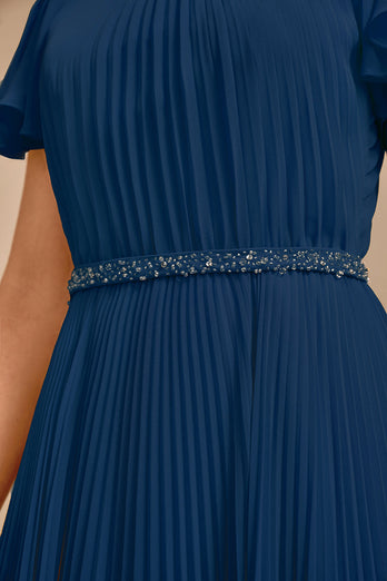 Marineblaues A-Linien-Kleid mit Rundhalsausschnitt und kurzen Ärmeln