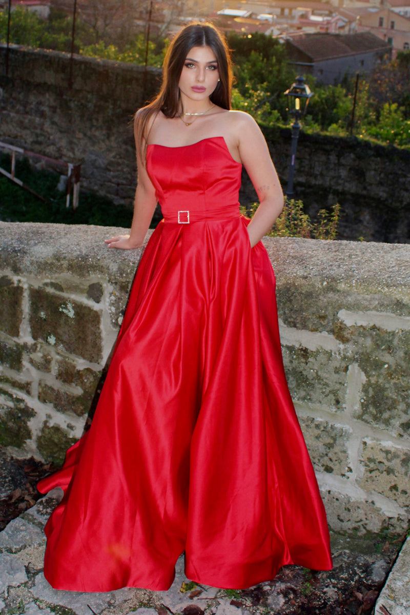 Laden Sie das Bild in den Galerie-Viewer, Rot lang Trägerlos Satin AbendKleid