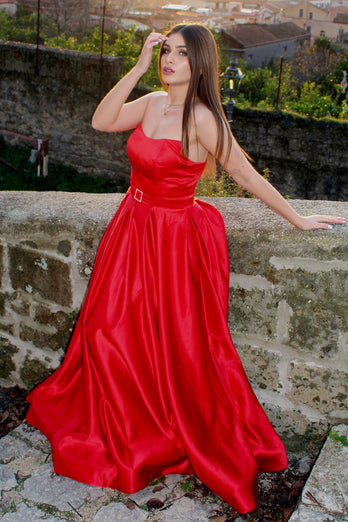 Rot lang Trägerlos Satin AbendKleid