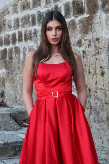 Rot lang Trägerlos Satin AbendKleid