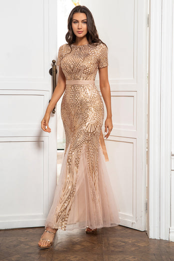 Champagner Pailletten Kleid der Brautmutter