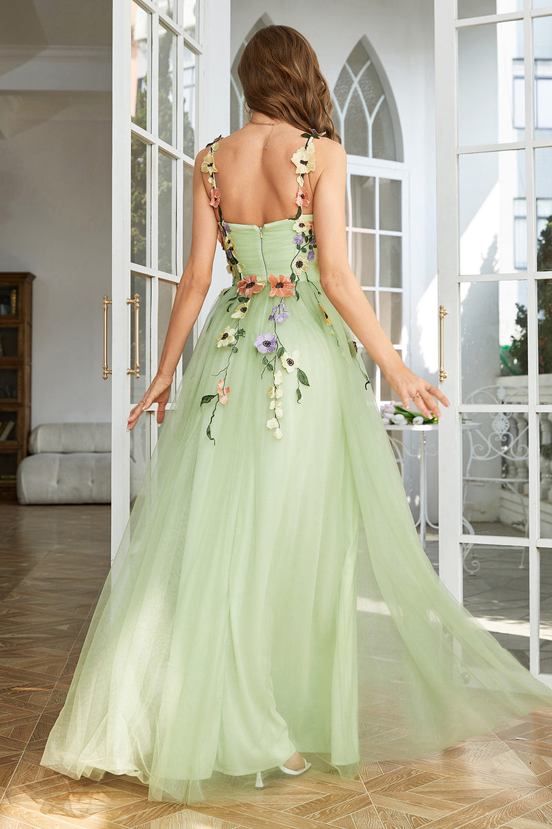 Laden Sie das Bild in den Galerie-Viewer, Champagner Spaghettiträger Ballkleid mit 3D Blumen