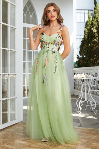 Grünes Spaghettiträger Ballkleid mit 3D Blumen