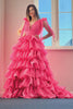 Laden Sie das Bild in den Galerie-Viewer, Prinzessin A-Linie V-Ausschnitt Fuchsia Ballkleid mit Schlitz