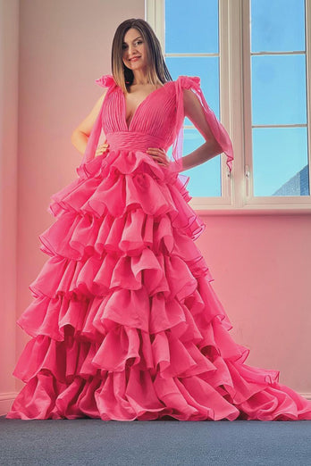 Prinzessin A-Linie V-Ausschnitt Fuchsia Ballkleid mit Schlitz