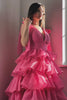 Laden Sie das Bild in den Galerie-Viewer, Prinzessin A-Linie V-Ausschnitt Fuchsia Ballkleid mit Schlitz