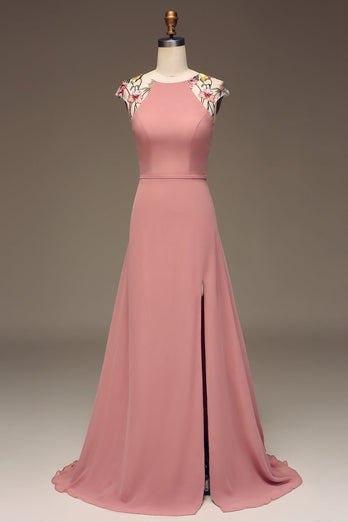 Dusty Rose Maxi-Brautjungfernkleid aus Chiffon und Stickerei in A-Linie