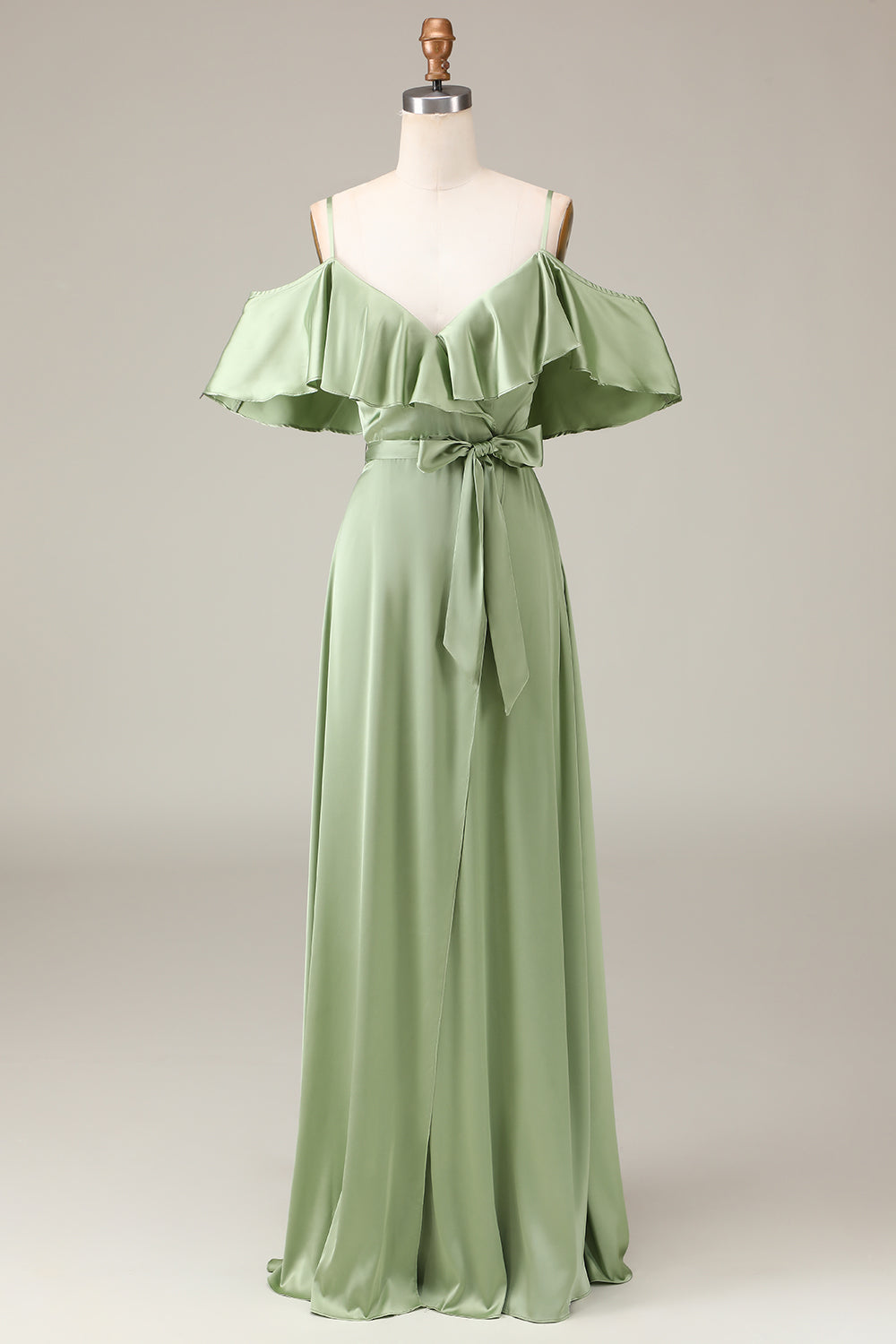 Matcha Spaghettiträger Cold Shoulder Brautjungfernkleid aus Satin in A-Linie