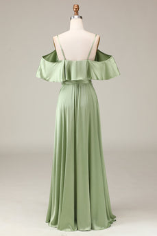 Matcha Spaghettiträger Cold Shoulder Brautjungfernkleid aus Satin in A-Linie