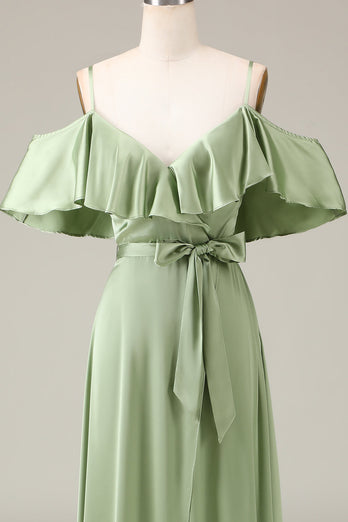 Matcha Spaghettiträger Cold Shoulder Brautjungfernkleid aus Satin in A-Linie