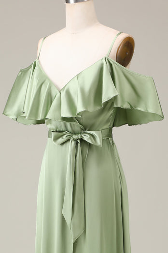 Matcha Spaghettiträger Cold Shoulder Brautjungfernkleid aus Satin in A-Linie