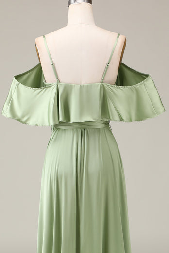 Matcha Spaghettiträger Cold Shoulder Brautjungfernkleid aus Satin in A-Linie